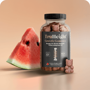TruHeight growth gummies bottle with a watermelon slice and gummy bear on a beige background