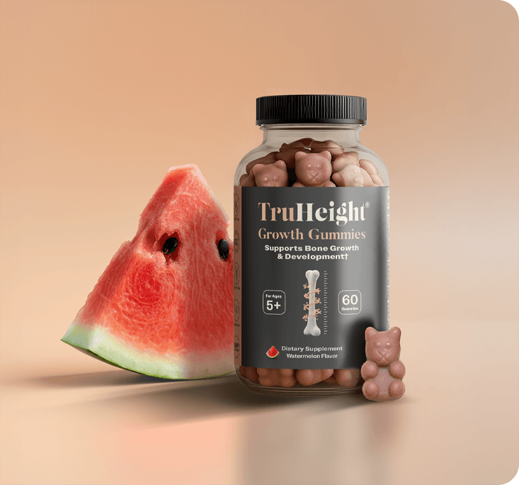 TruHeight Growth Gummies bottle with a watermelon slice on a beige background