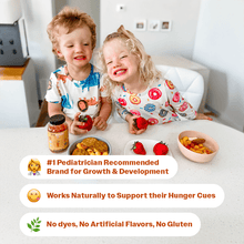  Load image into Gallery viewer, Two children eating at table with TruHeight Kids Appetite Booster Gummies promotional text and product benefits
