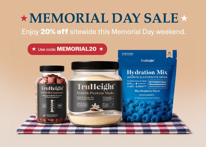 TruHeight products including Growth Gummies, Protein Shake, and Hydration Mix on a checkered cloth with Memorial Day sale text.