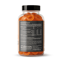  Load image into Gallery viewer, TruHeight Kids Appetite Booster Gummies supplement bottle back label with orange gummies
