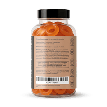  Load image into Gallery viewer, TruHeight Kids Appetite Booster Gummies supplement bottle back view with orange gummies

